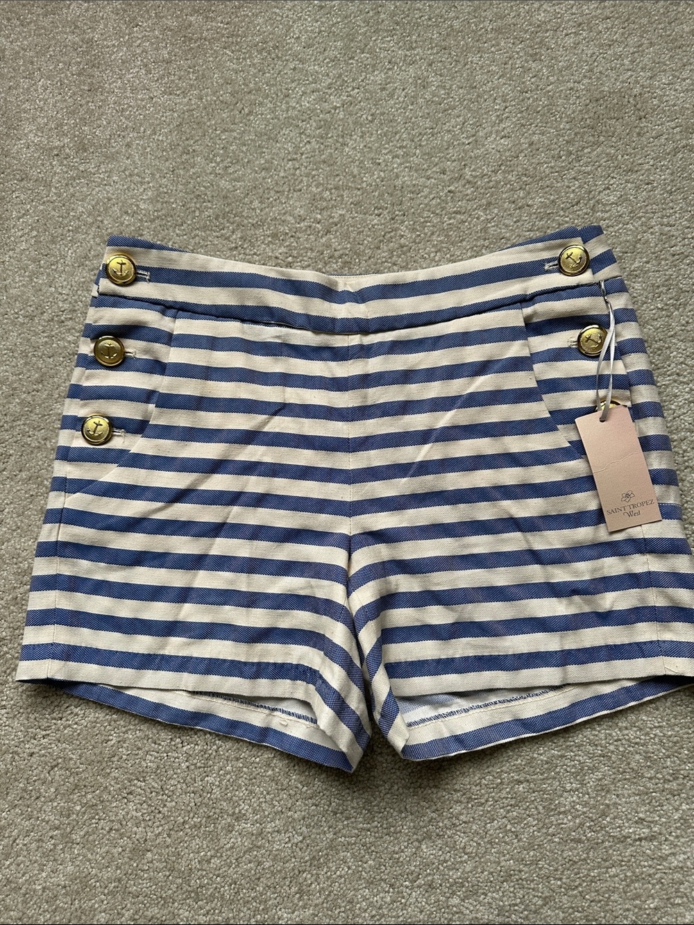 St.Tropez West Blue & White/Cream Striped Nautical-Style Women’s Shorts sz 4 NWT